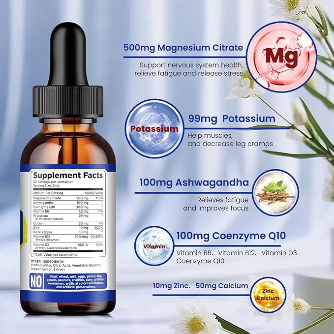 Potassium Magnesium Citrate Supplement, Liquid Magnesium Citrate Drops 500mg with Ashwagandha, Calcium, Zinc, Vitamin D3, B6, B12, CoQ10 - Vegan 2 fl oz Lemon Flavor