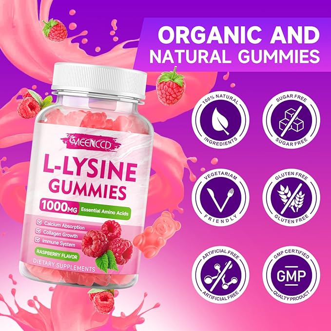 2 Pack L-Lysine 1000mg Gummies, Lysine Supplement for Adults & Kids, Essential Amino Acid for Lips & Oral Health, Boost Immune & Collagen & Calcium, Sugar-Free, Raspberry Flavor, 120 Count