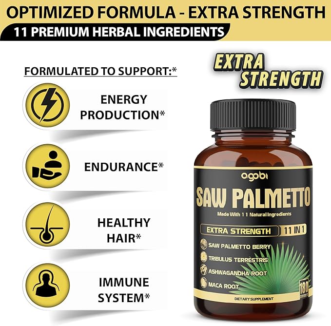 11in1 Saw Palmetto Capsules with Ashwagandha, Turmeric, Tribulus, Maca, Green Tea, Ginger, Holy Basil & More - Healthy Prostate & Hair Support - 180 Count 6-Month Supply