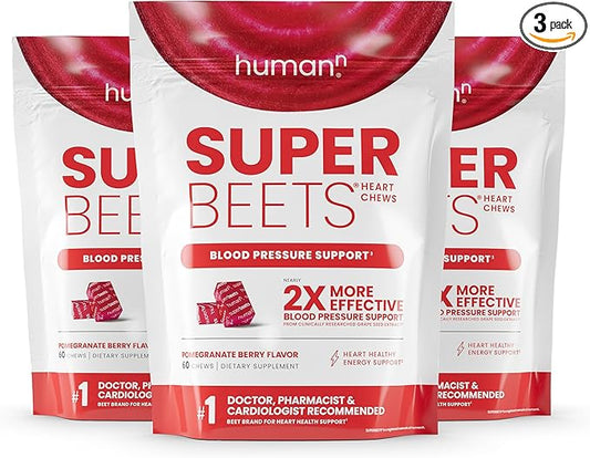 humanN SuperBeets Heart Chews, Nitric Oxide and Blood Pressure Support, Grape Seed Extract & Non-GMO Beet Root Powder Energy Chews, Super Beets Heart Chews, Pomegranate Berry Flavor, 180 Count