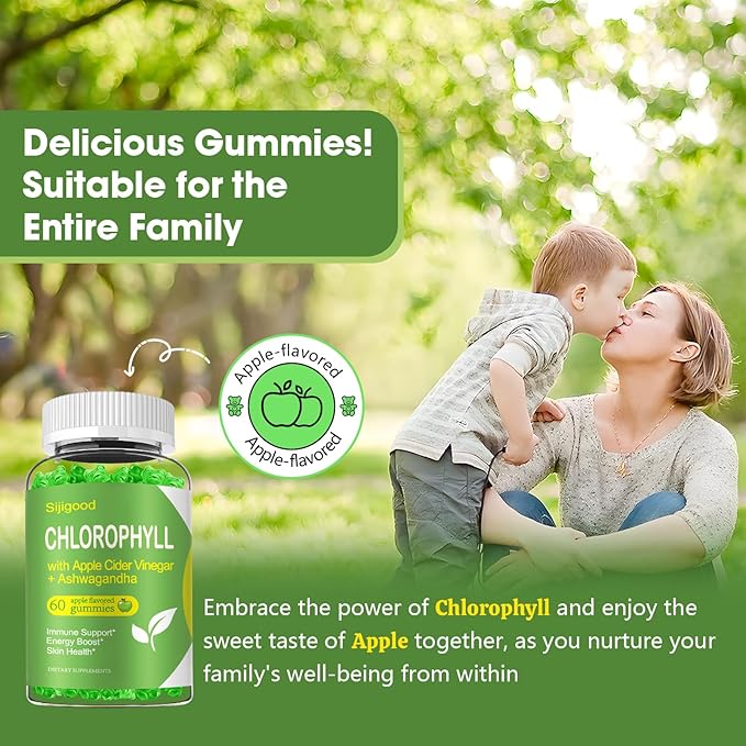 Chlorophyll Gummies with Black Seed Oil, Moringa, Probiotic for Body Odor, Digestion, Skin, Hair, and Immunity Support - Adults Kids Women Men, 60 Apple Flavored Gummies