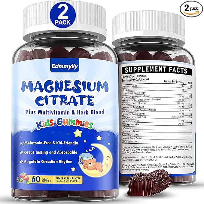 Magnesium Gummies for Kids 4+ - Sugar Free Magnesium Citrate Supplement with L-Theanine, Calcium and Vitamin A, C, D3 & K2 - Supports Zzz, Bone & Muscle