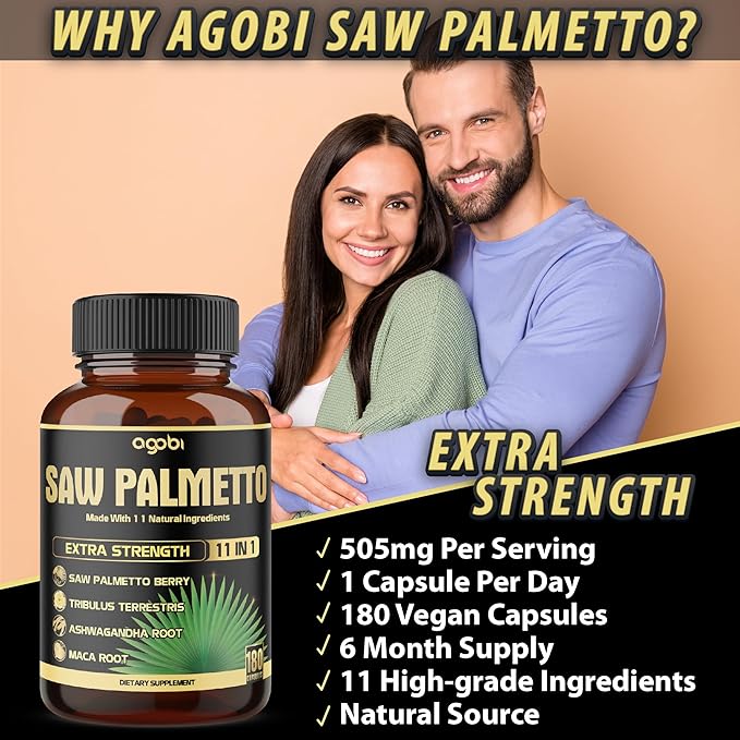 11in1 Saw Palmetto Capsules with Ashwagandha, Turmeric, Tribulus, Maca, Green Tea, Ginger, Holy Basil & More - Healthy Prostate & Hair Support - 180 Count 6-Month Supply