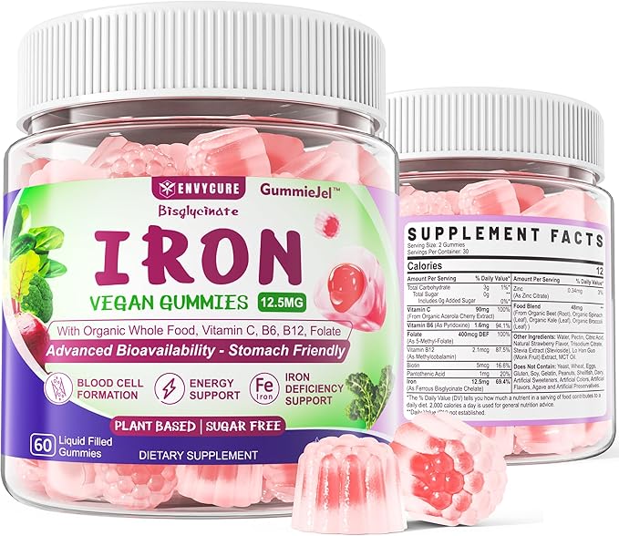Vegan Iron Gummies Supplement - High Absorption Chelated Bisglycinate Iron with Vitamin C, B-Complex, Folate for Energy, Blood Builder Iron Filled Supplement for Adults & Kids - No After Taste, 60Cts