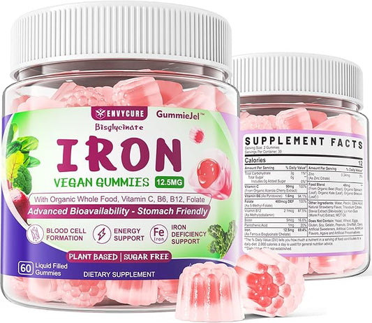 Vegan Iron Gummies Supplement - High Absorption Chelated Bisglycinate Iron with Vitamin C, B-Complex, Folate for Energy, Blood Builder Iron Filled Supplement for Adults & Kids - No After Taste, 60Cts
