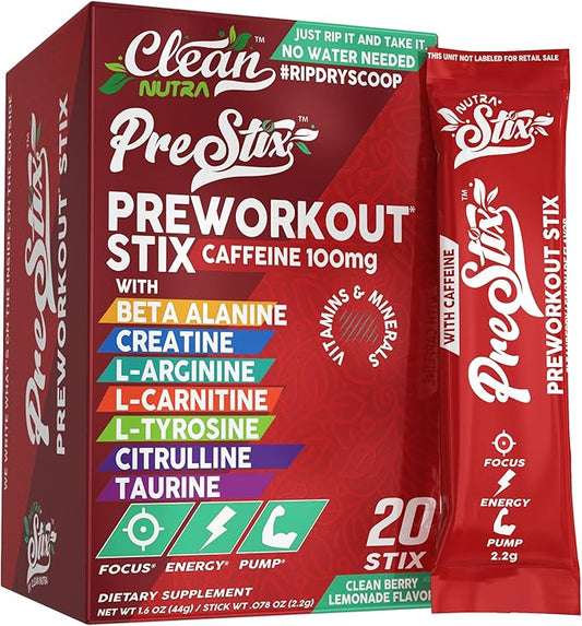 Clean Nutra Pre Workout Powder – Creatine Monohydrate, Caffeine, Citrulline Malate, Beta Alanine, L Carnitine, Taurine, Tyrosine, Electrolytes, Focus, Pump, Energy – 20 Powder Stix