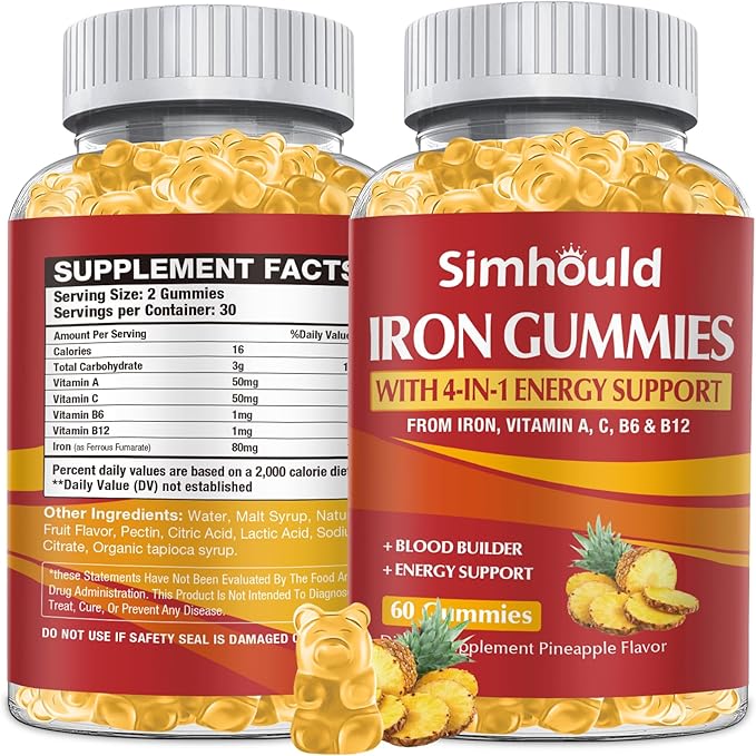 1 Pack Vegan 80MG Iron Supplement Gummies for Women & Men - Vitamin A, C, B for Adults & Kids - Blood & Builder & Energy Support for Iron Deficiency, Anemia - 60 Counts Pineapple Flavor Gummies