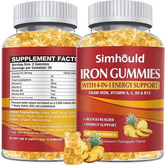 1 Pack Vegan 80MG Iron Supplement Gummies for Women & Men - Vitamin A, C, B for Adults & Kids - Blood & Builder & Energy Support for Iron Deficiency, Anemia - 60 Counts Pineapple Flavor Gummies