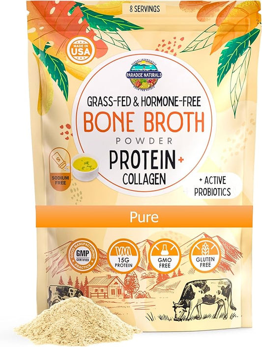 100% Grass-Fed Organic Beef Bone Broth Protein Powder, Active Probiotics, Collagen Peptide Rich, 15g Protein, Non-GMO, Low Sodium, Healthy Skin, Gut Health, Paleo Keto, No Gluten