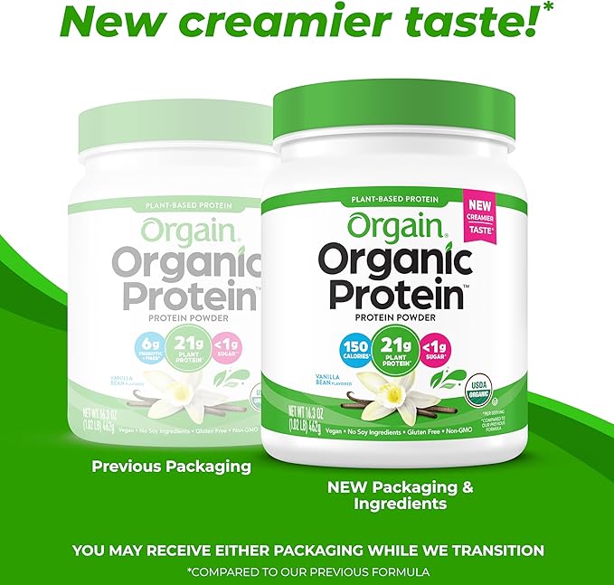 Orgain Organic Vegan Protein Powder, Vanilla Bean - 21g Plant Based Protein, 4g Prebiotic Fiber, No Lactose Ingredients, No Added Sugar, Non-GMO, For Shakes & Smoothies, 1.02 lb (Packaging May Vary)
