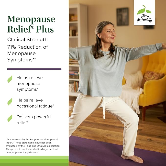 Terry Naturally Menopause Relief Plus - Menopause Symptom Supplement - Supplement to Aid Against Occasional Tiredness & Night Sweats - Supplement with Rhodiola & Black Cohosh - 60 Capsules