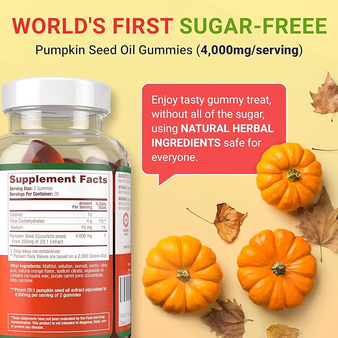Sugar-Free Pumpkin Seed Oil Gummies (4,000mg/serving) Pumpkin Seed Oil for Hair Growth, Youthful Skin, Prostate Health, Immune & Urinary Tract Support-Natural Source of Essential Fatty Acids-60 Chews