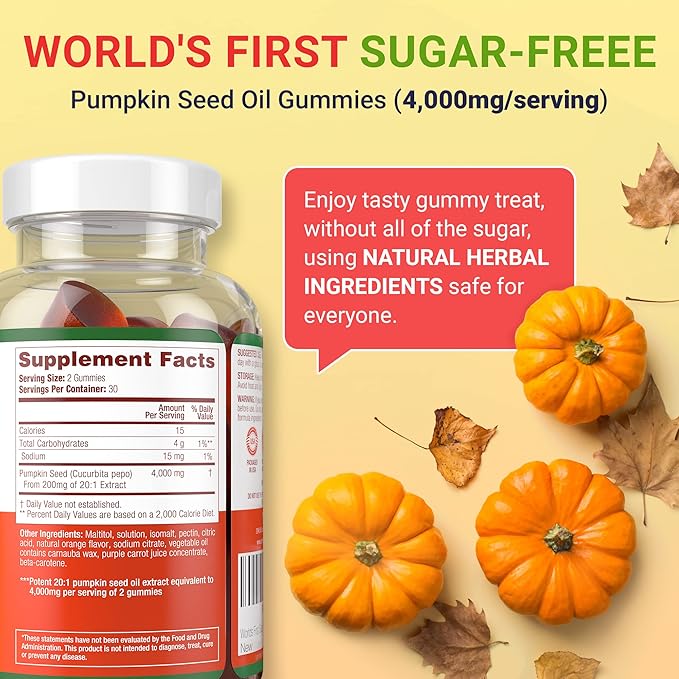 Sugar-Free Pumpkin Seed Oil Gummies (4,000mg/serving) Pumpkin Seed Oil for Hair Growth, Youthful Skin, Prostate Health, Immune & Urinary Tract Support-Natural Source of Essential Fatty Acids-60 Chews