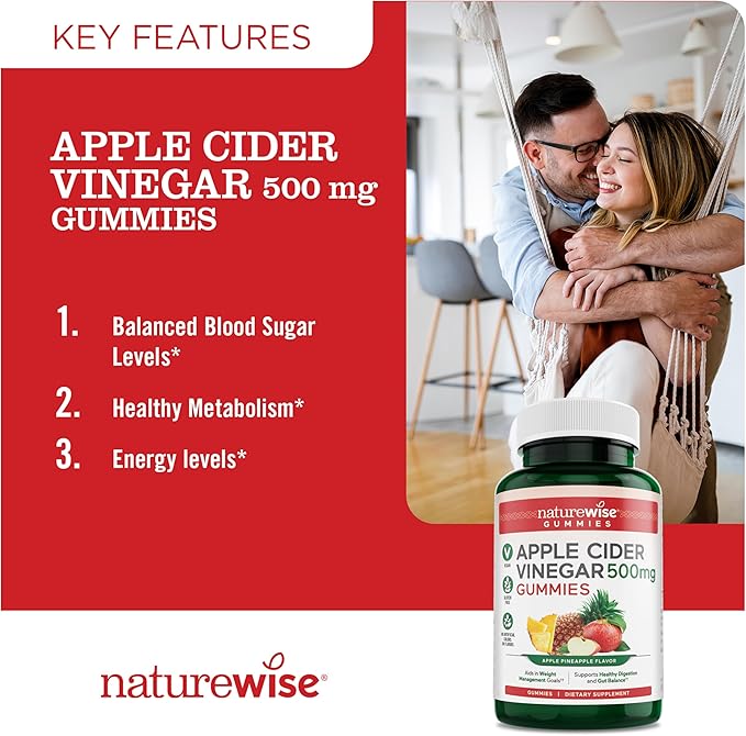 NatureWise Apple Cider Vinegar Gummies - 1000mg ACV per 2 + Vitamin B12 - Pectin Based Vegan, Gluten-Free, Non-GMO -90 Count[45-Day Supply for 1000mg or 3-Months for 500mg]