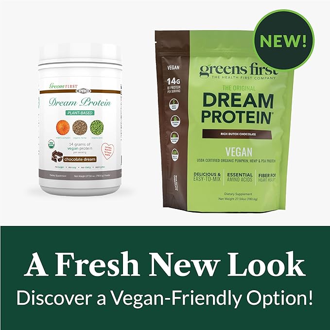 Greens First Dream Protein Plant-Based Vegan Powder - USDA Organic Pumpkin, Hemp & Pea Protein - Gluten-Free, Non-GMO, No Added Sugar (Rich Dutch Chocolate, 27.54 oz)