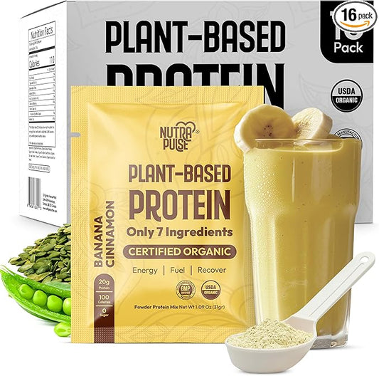 Organic Vegan Protein Powder Sample Pack - Plant-Based Protein, Gluten-Free, Non GMO, 20g Protein Per Serving, Great for Smoothies & Shakes (Banana Cinnamon, Pack of 16)