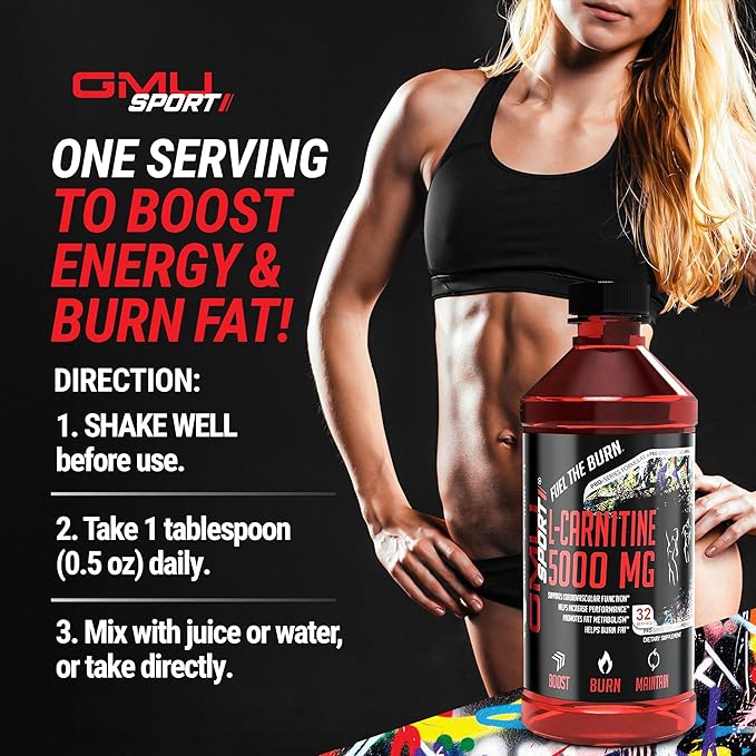 GMU SPORT L-Carnitine Liquid 5000mg Supplement for Metabolic Support - High Potency Liquid Supplement, Supports Weight Management & Muscle Recovery, Increased Endurance & Energy Booster - 30 Servings