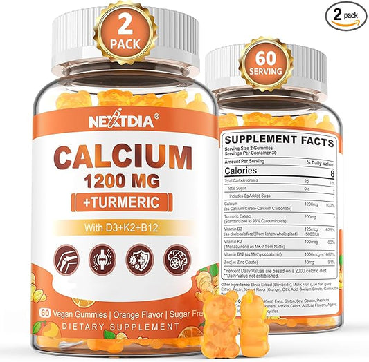 Calcium Gummies with Turmeric for Women & Men - Calcium 1200mg with Vitamin D3 K2 B12 5000 IU & Zinc, Suger-Free Calcium Supplements for Bone, Muscle & Immune Support - Vegan(120 Count)