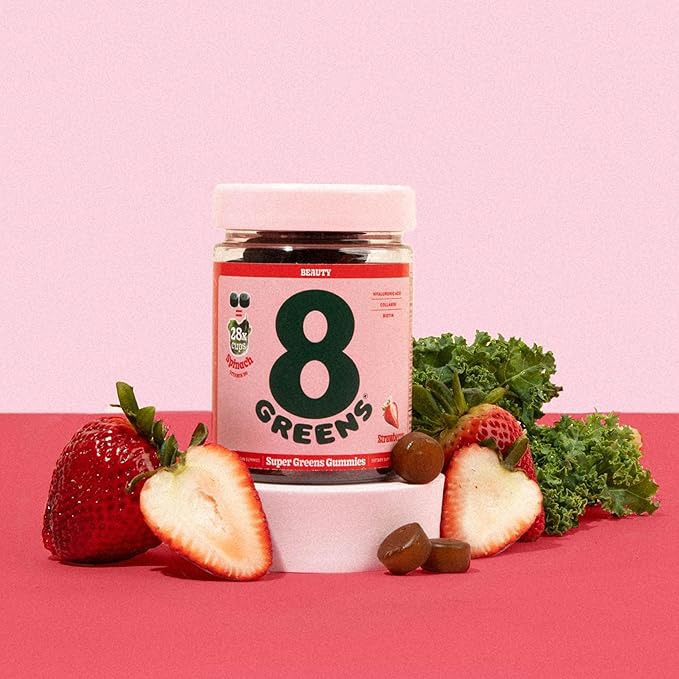 8Greens Supergreens Beauty Gummies with Collagen & Biotin | Super Greens Powder Superfood Gummy for Healthy Skin, Hair, Nails, Glow, and Firmness, Superfood Booster, Strawberry Flavored, 100 Count