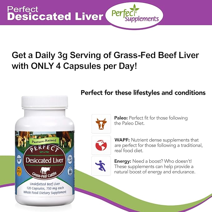 Perfect Supplements – Perfect Desiccated Liver – 120 Capsules – Undefatted Beef Liver – Natural Source of Protein, Iron, Vitamins A & B – 2 Pack
