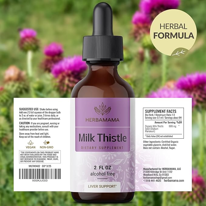 HERBAMAMA Milk Thistle Drops - Vegan Liver Support with Milk Thistle Extract Tincture - Non-GMO, Alcohol & Sugar-Free Liver Detox and Cleanse Supplement, 28-Day Supply