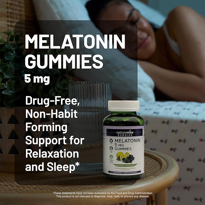 NatureWise Melatonin Gummies 5mg - Non-Habit Forming Sleep Support Supplement with Ashwagandha, Valerian Root - BlackBerry-Lemon Flavor - Vegan, Gluten Free, Non-GMO - 180 Count[90-Day Supply]