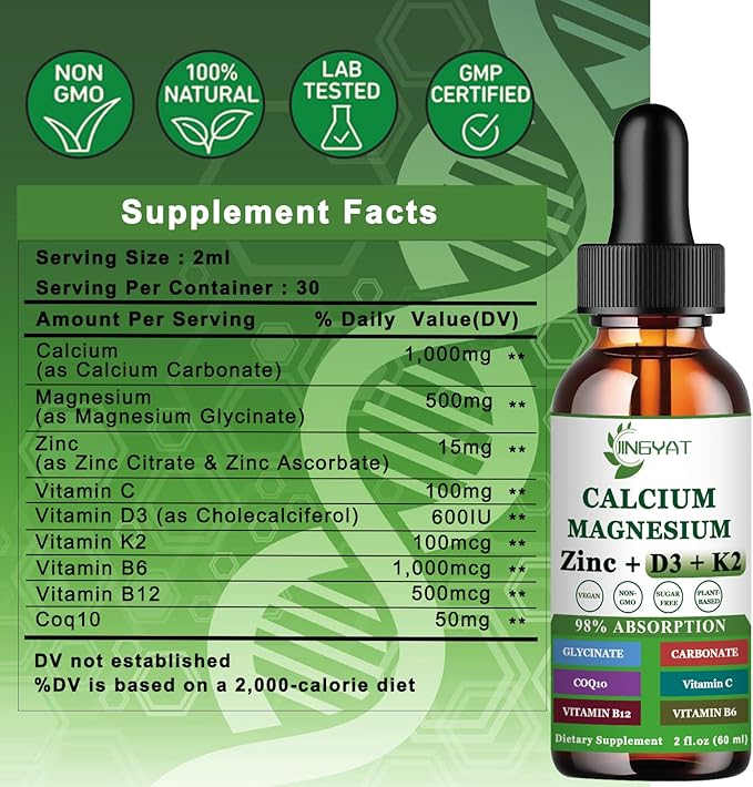 Calcium Magnesium Zinc Liquid Drops, Liquid Magnesium Glycinate 500mg Calcium 1000mg with Vitamin D3,K2,B6,B12,Coq10 for Bone Strength, Muscle Function,6X Stronger Than Gummies Capsules