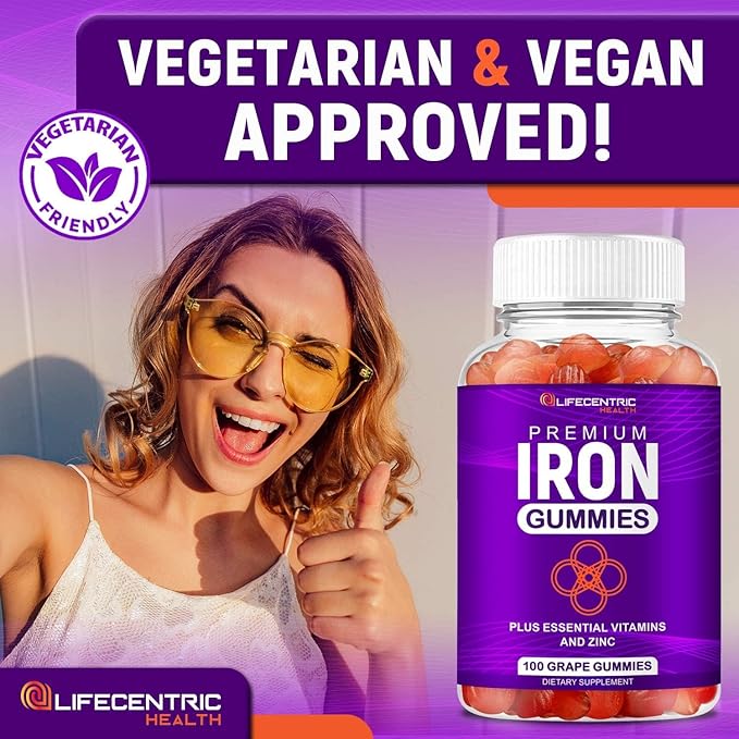 LifeCentricHealth Iron Gummies for Adults & Kids | Biotin Zinc Vitamin B Folic Acid Gummies | Vegan Gluten Free for Women & Men