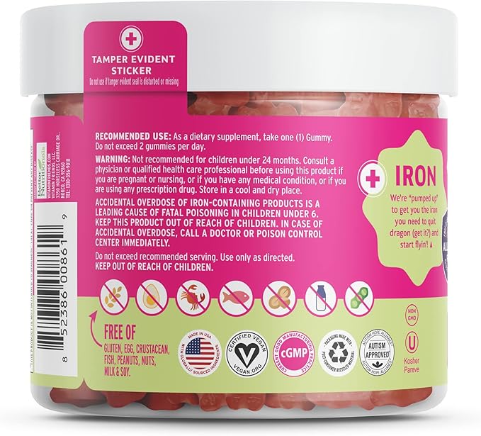Vitamin Friends - Vegan Multivitamin & Iron for Kids - Daily Nutritional Support Gummies w/Ferrous Fumarate B-Complex, Vitamin C, Zinc, Biotin - Body Function & Anemia - Strawberry Jam(60 Day Supply)