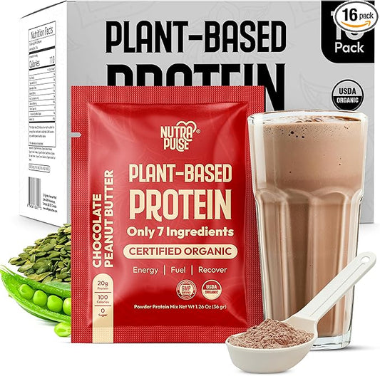 Organic Vegan Protein Powder Sample Pack - Plant-Based Protein, Gluten-Free, Non GMO, 20g Protein Per Serving, Great for Smoothies & Shakes (Chocolate Peanut Butter, Pack of 16)