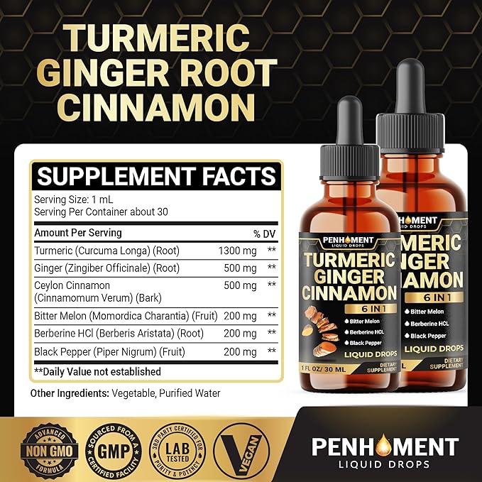 6in1 Liquid Turmeric Curcumin with Ginger, Berberine, Ceylon Cinnamon, Bitter Melon, Black Pepper - Drops Extract for Joint Support - 2Packs of 1 Fl Oz