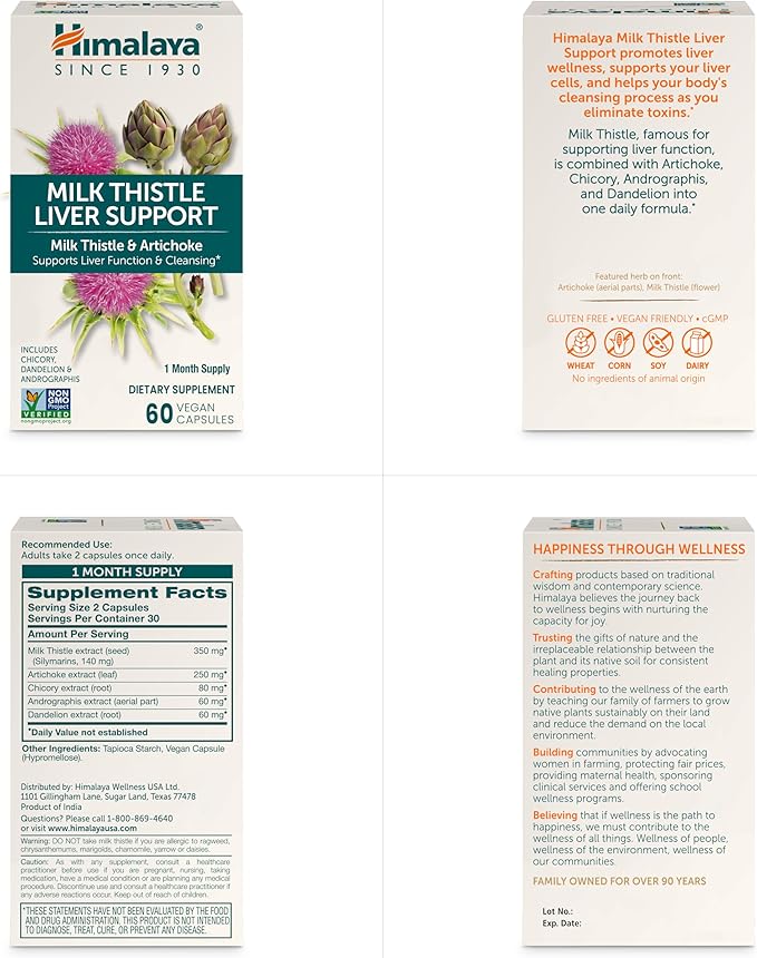 Himalaya Milk Thistle Liver Support Capsules, 60 Count, Silymarin Milk Thistle 350 mg, with Artichoke, Chicory, Andrographis & Dandelion, Supports Liver Function & Cleansing