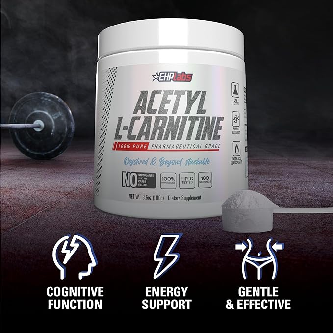 EHP Labs Acetyl L Carnitine Powder - Supports Natural Energy Production, Assists in Healthy Brain Function, Supports Heart Health, Vegan, Gluten Free, Non GMO - 100 Servings