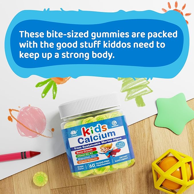 Sugar Free Kids Calcium Gummies with Prebiotics (FOS) 500mg, High Absorption Vegan Algae Calcium for Bone Growth, Kids Vitamin Gummies for Healthy Development with D3 K2, Grape Flavor, Non-GMO, 60 Cts