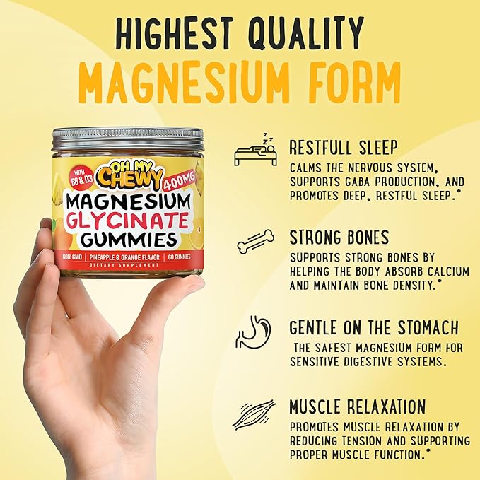 Center-Filled Magnesium Glycinate Gummies 400MG - High Absorption for Kids, Teens & Adults - Supplement for Sleep, Calm & Muscle Relaxation with B6 & D3 - Gluten Free & Vegan Friendly - 60 Count