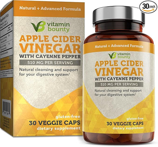 Vitamin Bounty Apple Cider Vinegar Capsules - Apple Cider Vinegar Pills with Cayenne Pepper Capsules Organic, Apple Cider Vinegar with Mother, ACV Capsules, Digestive Support - 510mg, 30 Capsules