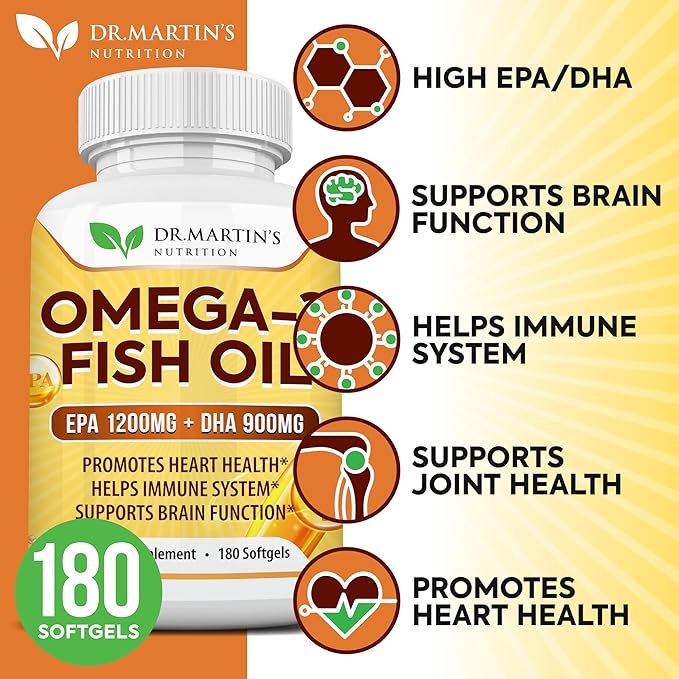 Omega 3 Fish Oil 3750mg Triple Strength | EPA 1200mg + DHA 900mg Fatty Acids | Fish Oil Omega 3 Supplement | Promotes Healthy Heart, Immune System, Eyes, Skin & Brain Function | 180 Burpless Softgels