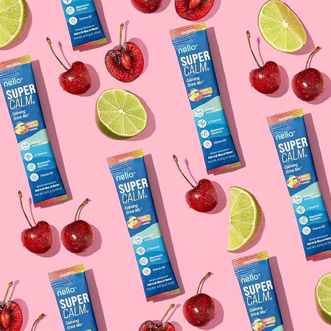 Supercalm Drink Mix - Ashwagandha KSM 66, Magnesium Glycinate & L-Theanine Supplement - Ashwagandha Root Extract - Focus and Relaxation Support (20 Travel Packets) - Cherry Limeade