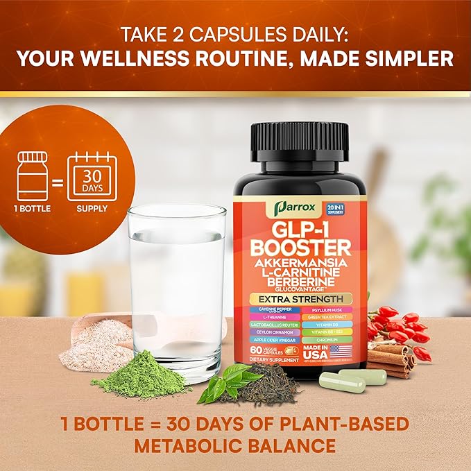 GLP-1 Booster Supplement with Akkermansia, L-Carnitine, Berberine (GlucoVantage), Chromium, Capsimax, Psyllium Husk, Probiotics & Vitamins D3, B6, B12, 20-in-1 Plant-Based Formula (60 Caps)