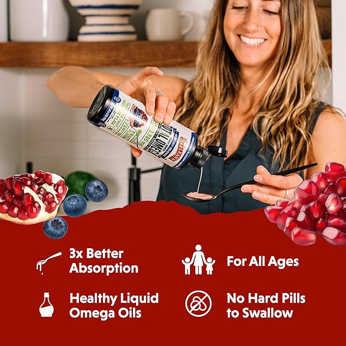 Barlean's Liquid Flaxseed, Borage and Algae Oils Omega 3 Supplement, Pomegranate Blueberry Flavor, Vegan EPA and DHA, Flax and Borage Seed Oil with 3,980 mg of Omega-3-6-9, 16 oz