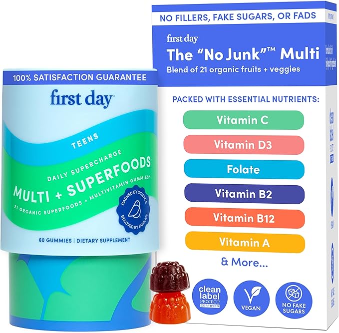 FIRST DAY Vitamins for Teens - Teen Multi Vitamins for Girls & Boys 12-17, Organic Fruit & Veggie Blend - 12 Key Nutrients: Vitamins A, B1, B2, B6, B9, B12, C, D3, E, K2-30 Day Supply