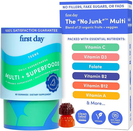 FIRST DAY Vitamins for Teens - Teen Multi Vitamins for Girls & Boys 12-17, Organic Fruit & Veggie Blend - 12 Key Nutrients: Vitamins A, B1, B2, B6, B9, B12, C, D3, E, K2-30 Day Supply