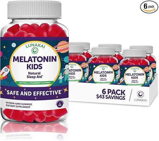 Lunakai Kids Melatonin Gummies 1mg - Tastiest Proprietary Formula - Non-GMO, Vegan, Gluten Free Chewable Low Dose Supplement for Kids - Natural Sleep Gummy for Children 2 Year Old+ - (6 Pack)