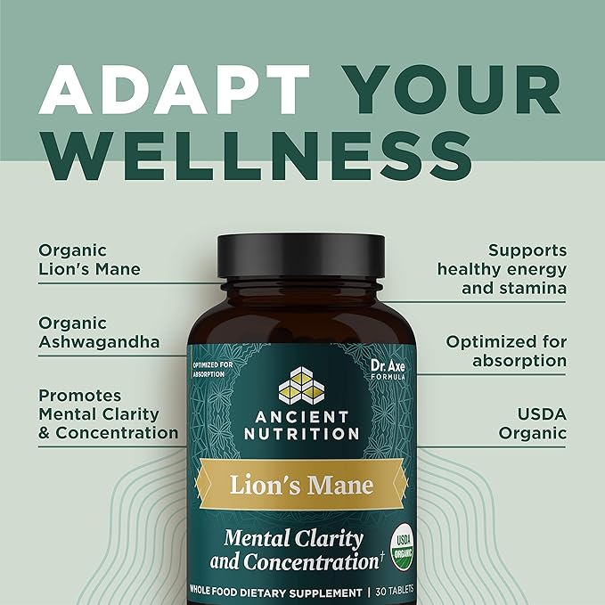 Ancient Nutrition Organic Lion's Mane Mushroom Supplement with Ashwagandha, Organic Lion's Mane Supports Healthy Energy and Concentration, Reduces Fatigue, Gluten Free and Keto Friendly, 30 Tablets
