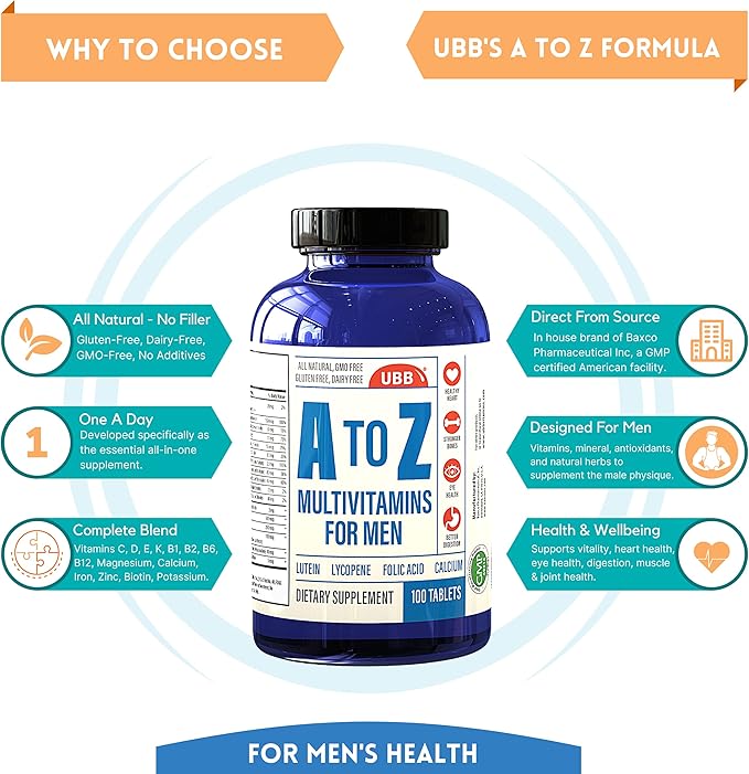 A to Z Multivitamin and Multimineral Supplement for Men - 3 Month Supply - Vitamins A C D E K B1 B2 B6 B12 Magnesium Calcium Biotin Potassium Zinc - Antioxidants for Heart & Immune Health (100 Count)