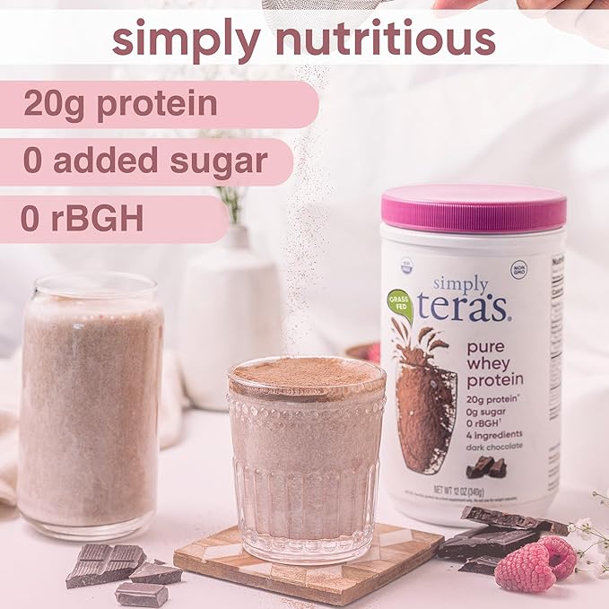 Simply tera's Pure Whey Protein Powder - Chocolate Protein Powder, Clean & Grass Fed Whey Protein, No Artificial Sweeteners, Non-GMO, Kosher, rBGH-Free, Soy-Free - Dark Chocolate, 24 oz