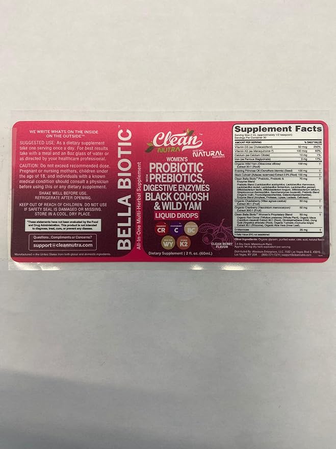 Liquid Probiotics for Women Drops with Chasteberry, Black Cohosh, Prebiotics, Digestive Enzymes, Evening Primrose Oil, Wild Yam, Cranberry Dmannose and Iron Vitamin D3 K2 Clean Nutra Bella Biotics (3)