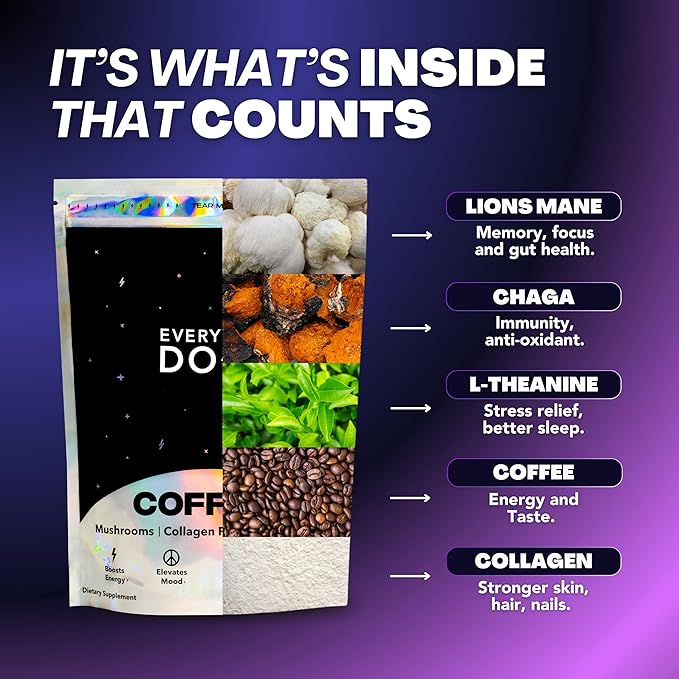The Mushroom Coffee by Everyday Dose Premium Coffee Extract with Grass-Fed Collagen, Chaga, Lions Mane & L-Theanine for better Focus, Energy, Digestion and Immunity 30 Servings of Mushroom Coffee