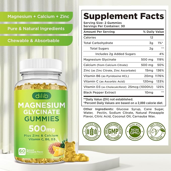 Magnesium Glycinate Gummies 500mg Magnesium Supplement with Calcium, Zinc, Vitamin C, B6, D3-Calm Chewable Gummies for Kids & Adults-Sleep, Mood & Muscle Support-Pineapple Flavor, 60 Gummies