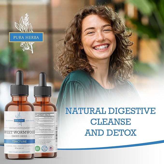 Organic Sweet Wormwood Liquid Drops - Natural Parasite Cleanse and Gut Detox Support for Adults - Vegan, Alcohol-Free, Made in USA, 2 Fl Oz